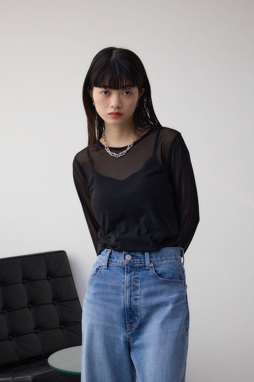 バックスリットシアーロングトップス BLK FREE