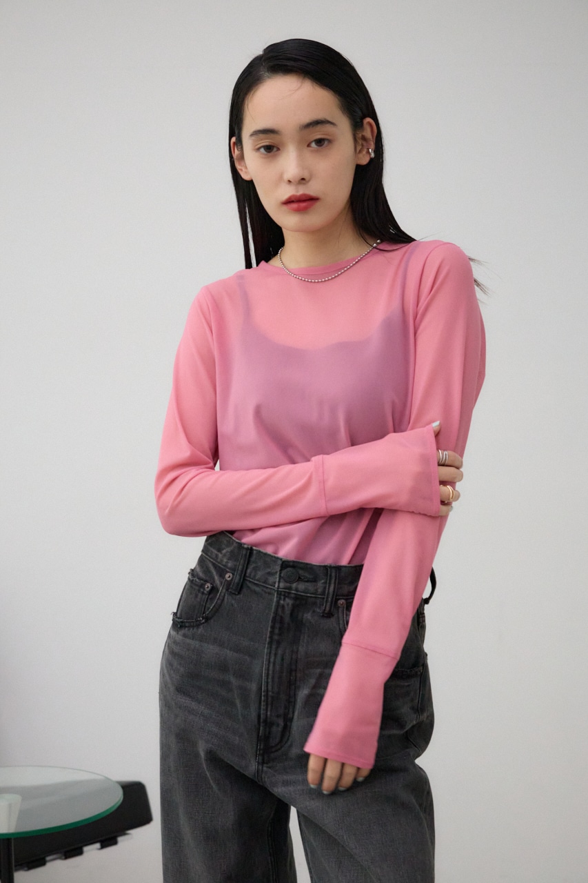 バックスリットシアーロングトップス PNK FREE