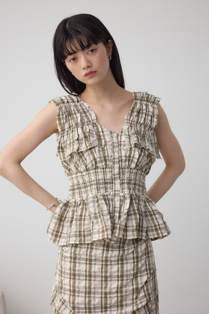 チェックシャーリングペプラムブラウス 柄WHT FREE