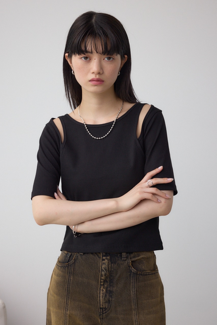 デザインネックショートTシャツ BLK FREE