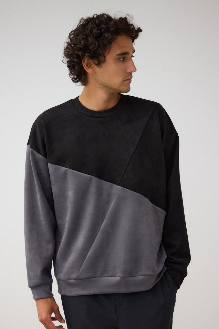 フェイクスウェードパネル切替トップス 柄BLK FREE