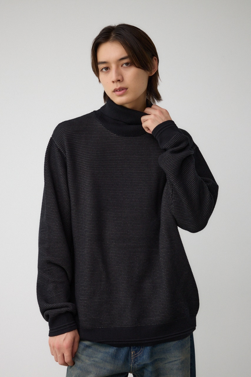 ハニカムタートルネックニット BLK L