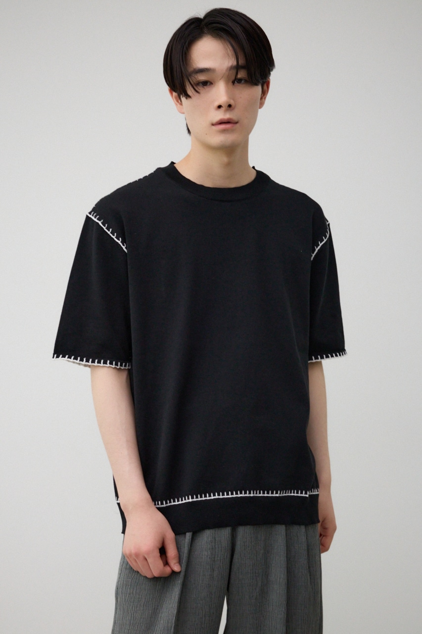 ブランケットステッチ半袖ニット BLK FREE