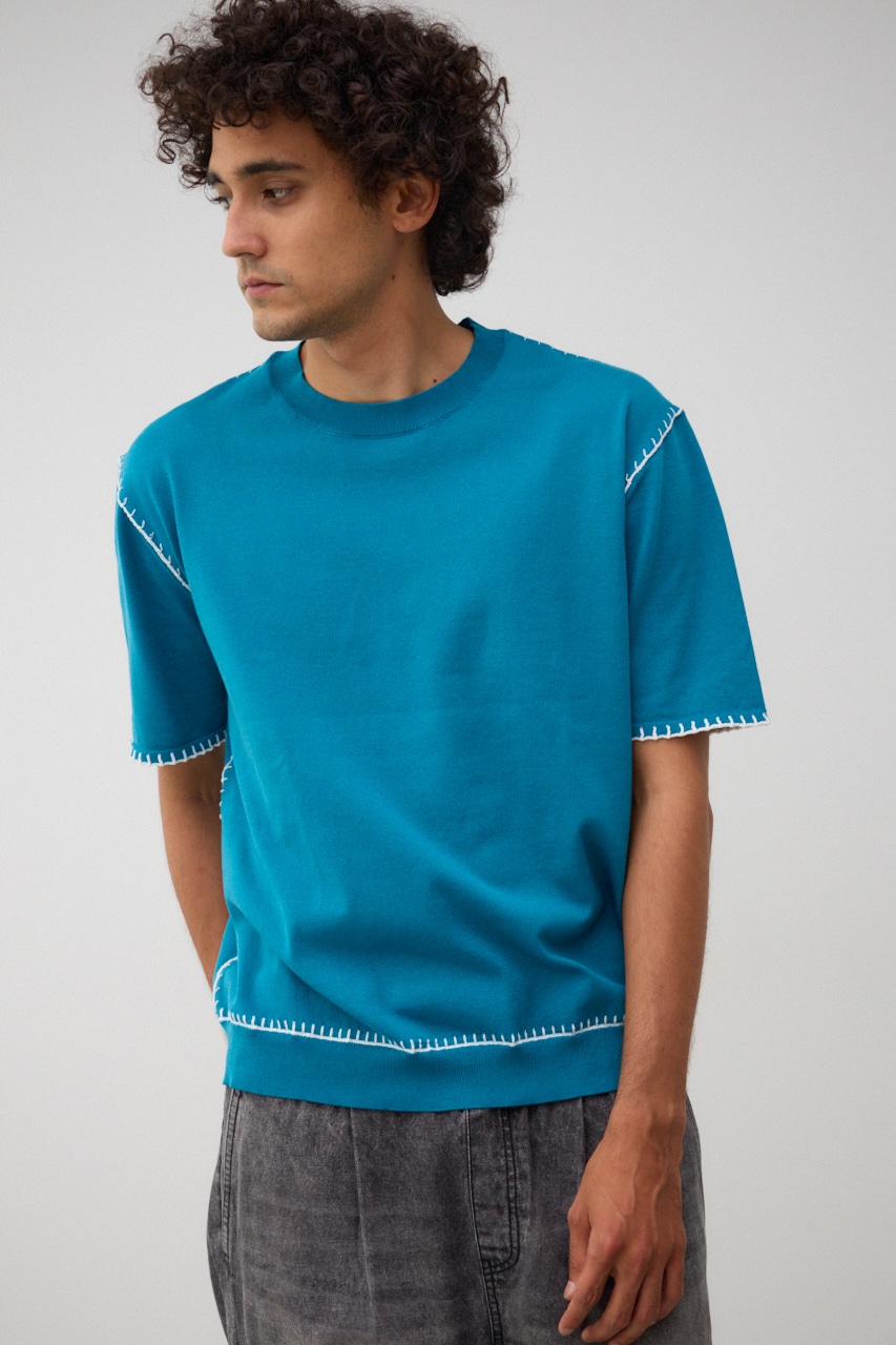 ブランケットステッチ半袖ニット BLU FREE