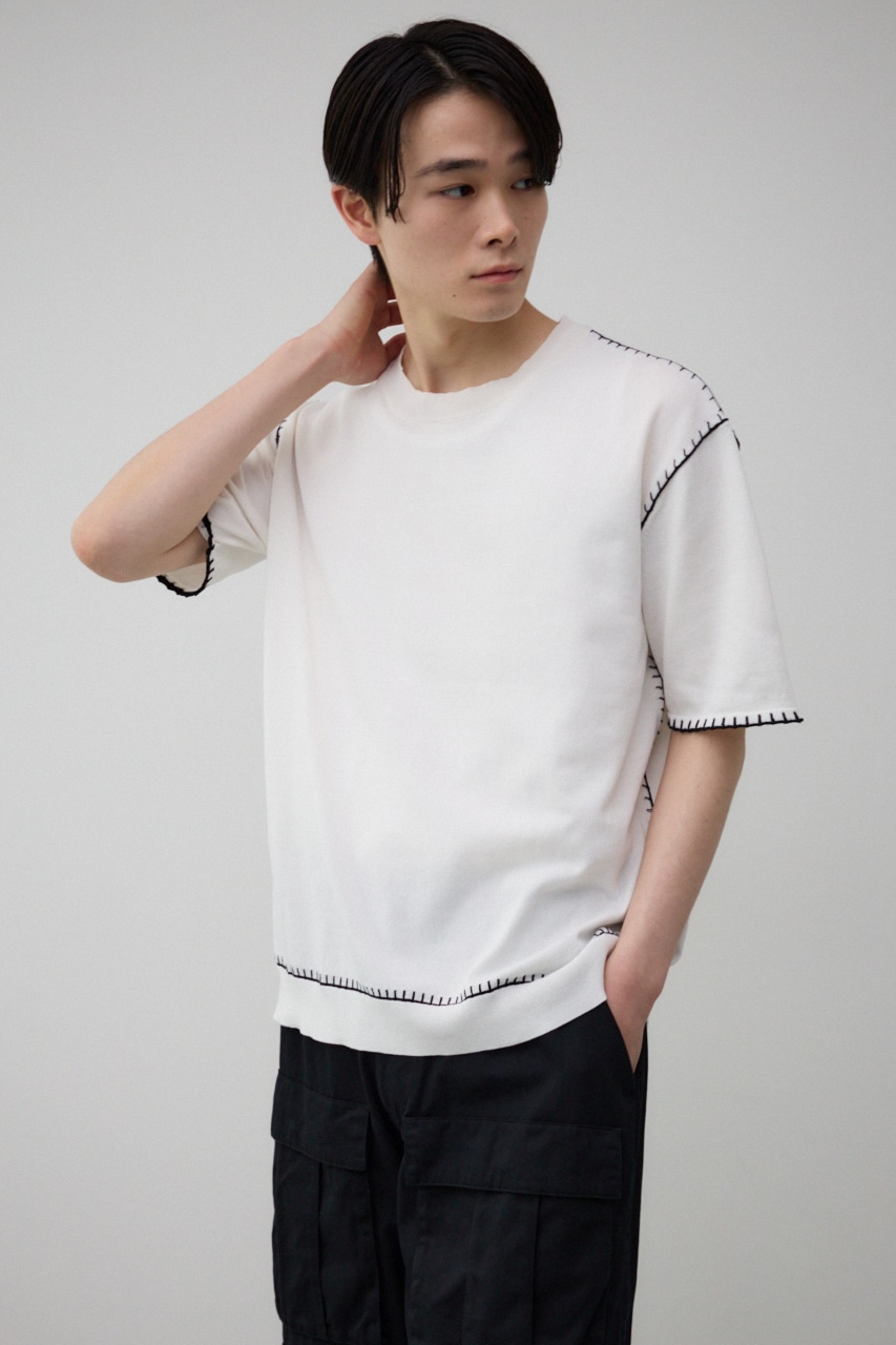 ブランケットステッチ半袖ニット O/WHT FREE