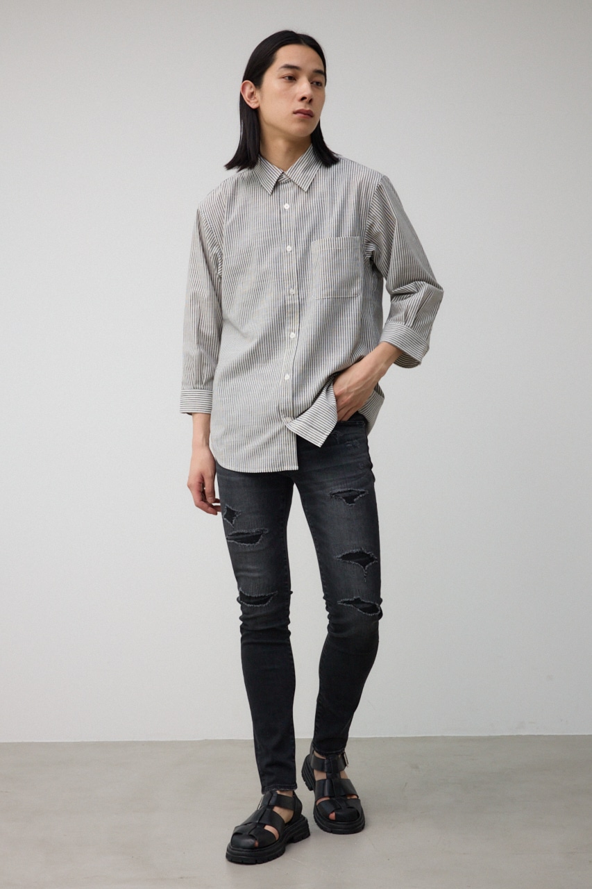 テックリネン7分袖シャツ 柄BLK M