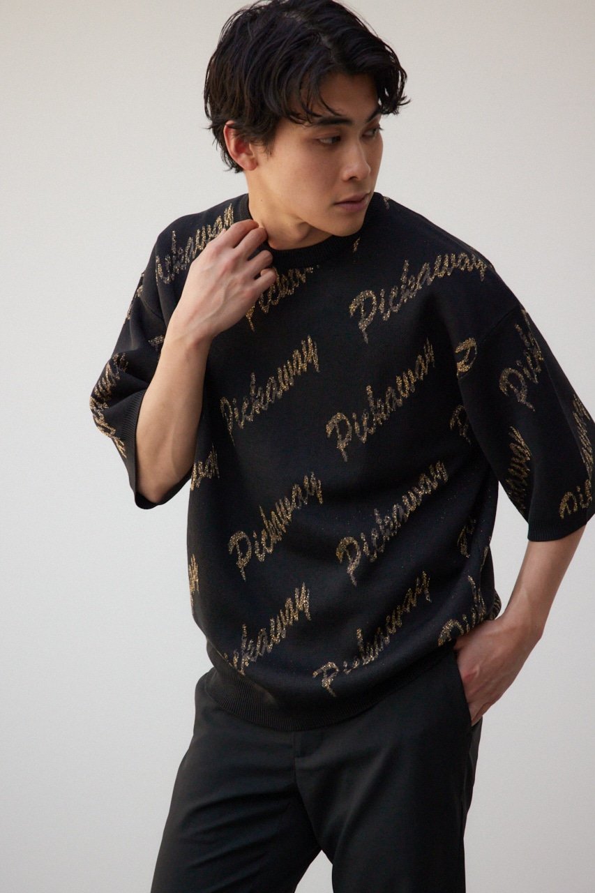 ゴールド総柄半袖ニットトップス 柄BLK FREE