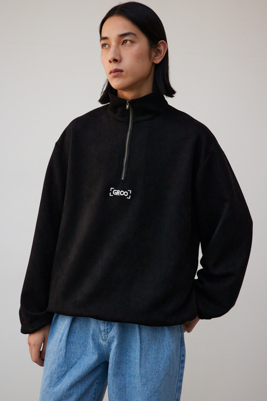 ワンポイント刺繍フェイクスウェードハーフジップ BLK FREE