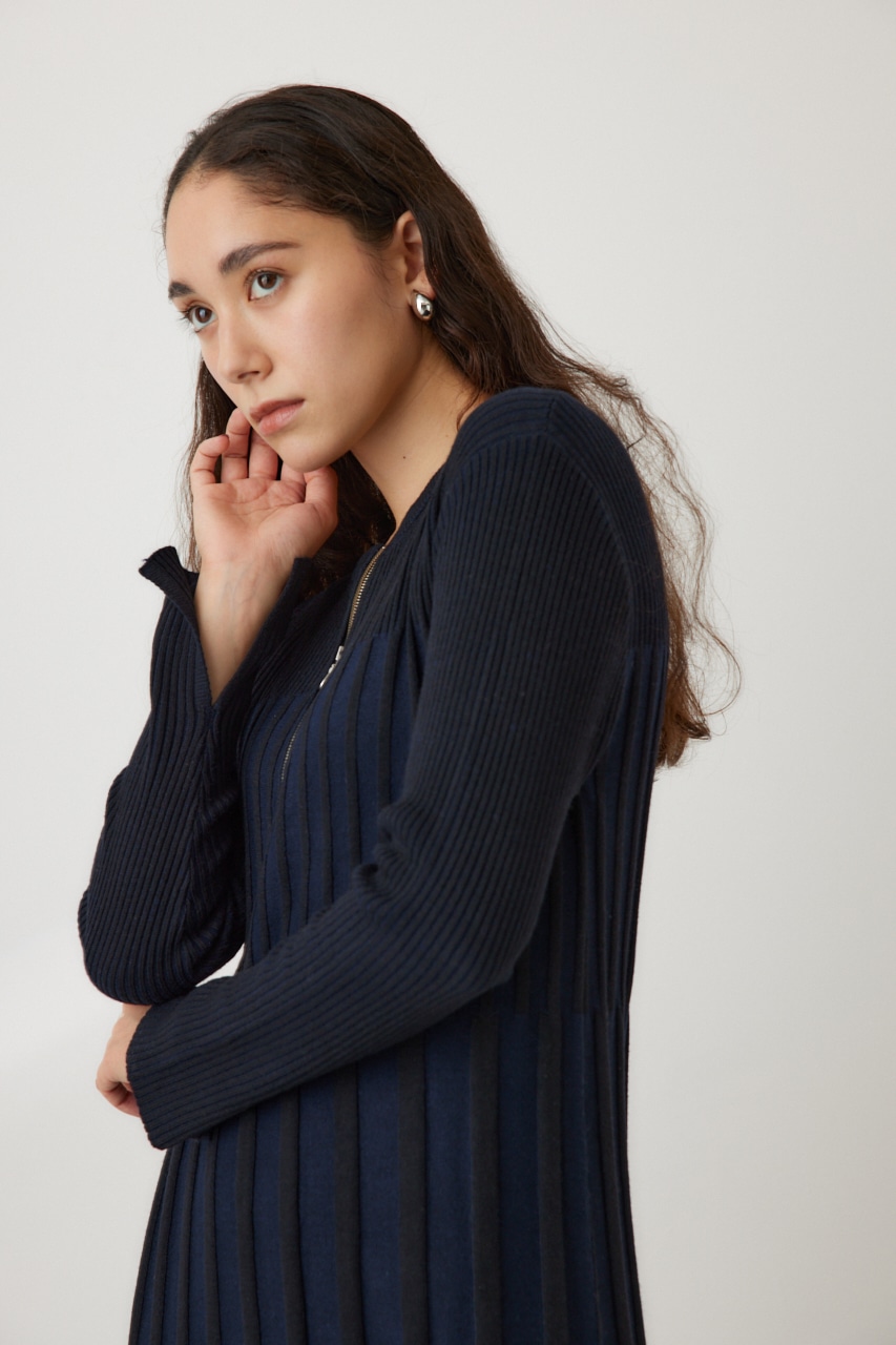 フロントジップリブニットワンピース BLK FREE