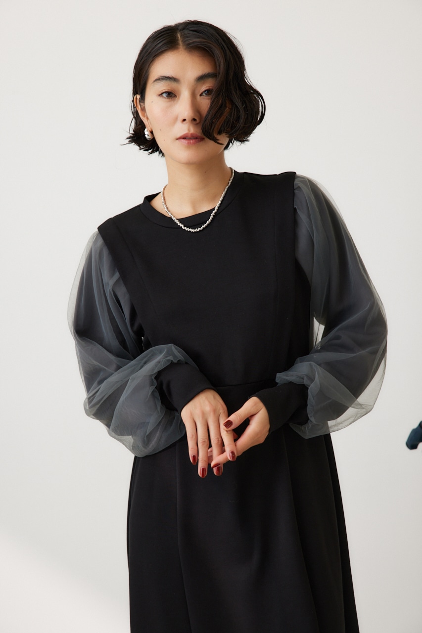 チュールスリーブドッキングワンピース BLK FREE