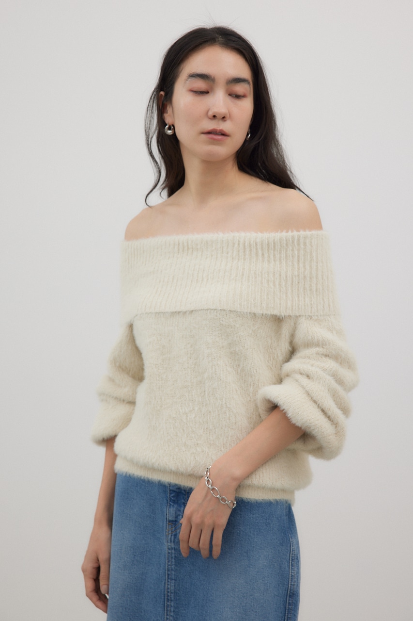 オフショルダーシャギーラメニット O/WHT FREE