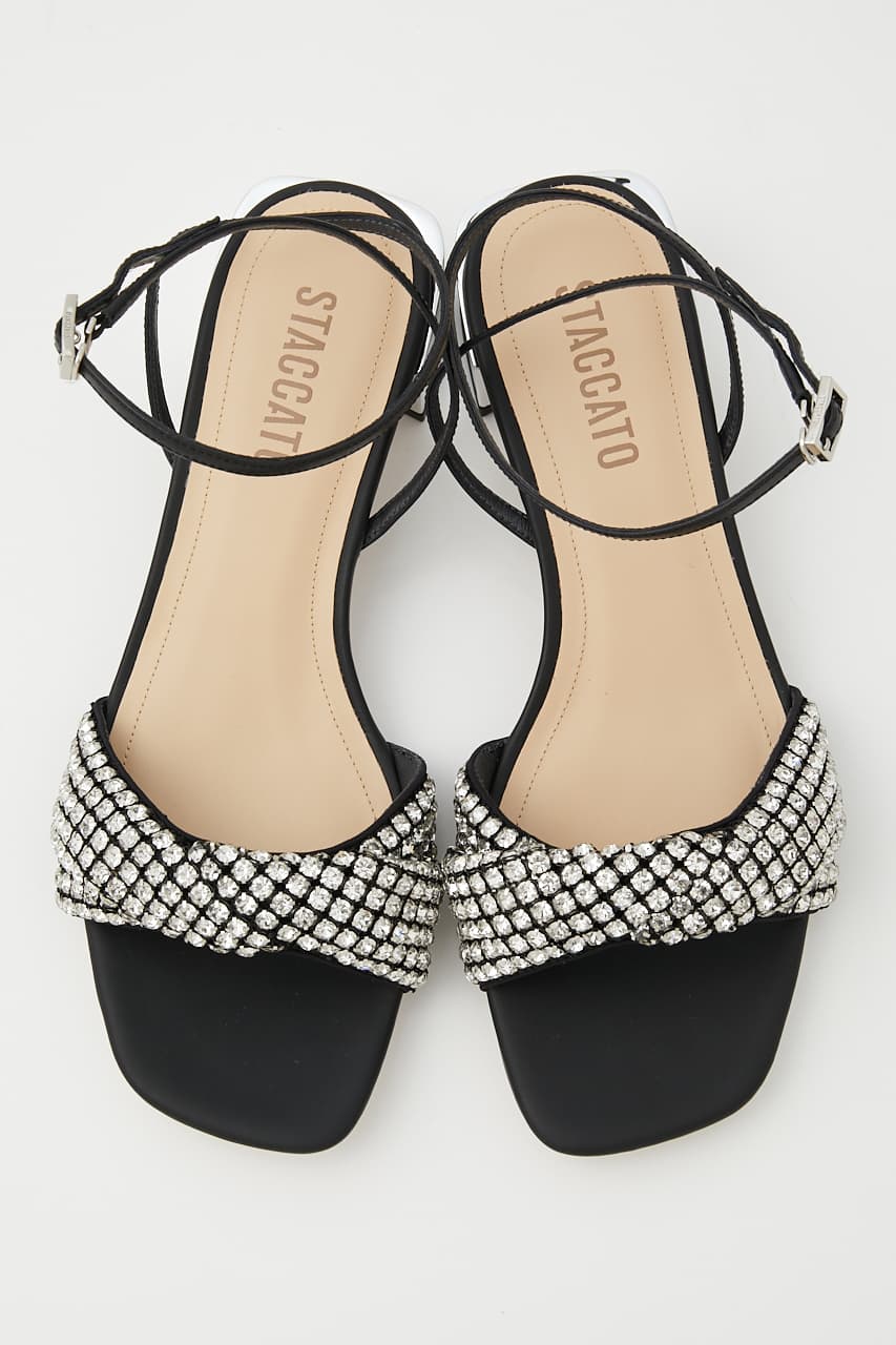 クリスタルシルバーヒールサンダル 柄BLK 22.0cm