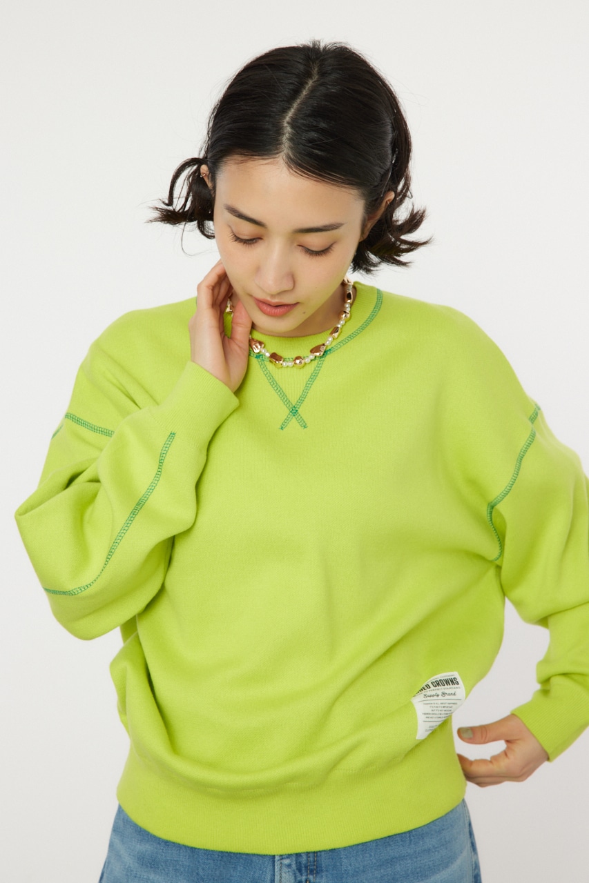 スウェットライクカラーステッチニットトップス LIME FREE