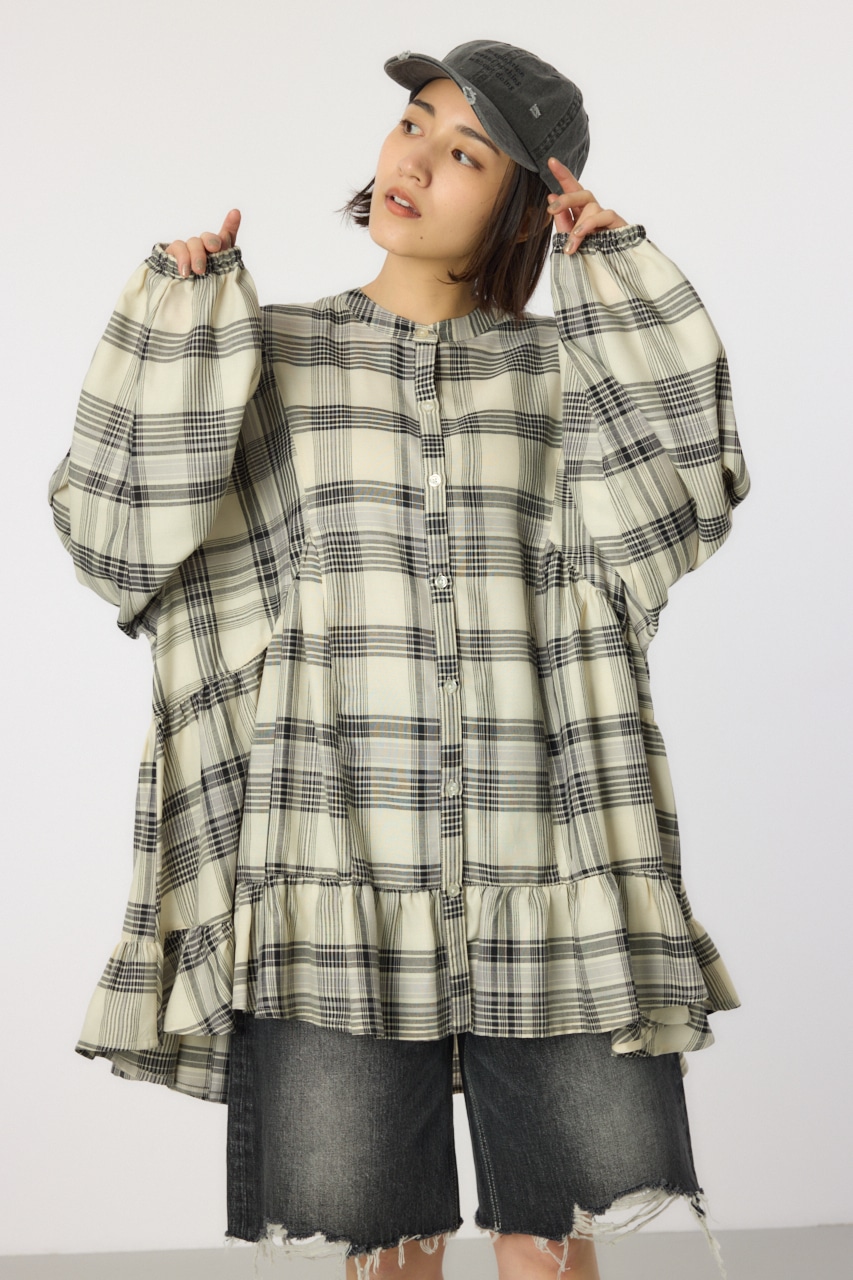 マルチチェックティアードチュニック 柄BLK FREE