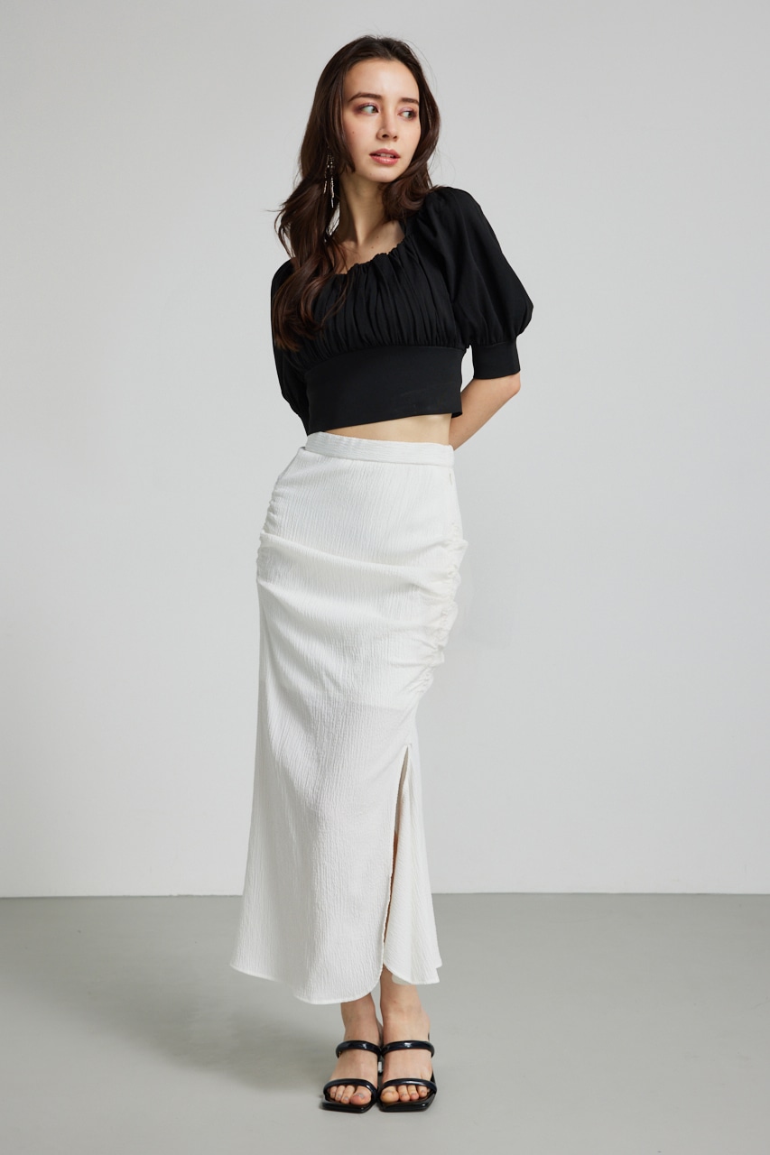 バストギャザークロップハーフSLV Knit TOP BLK FREE