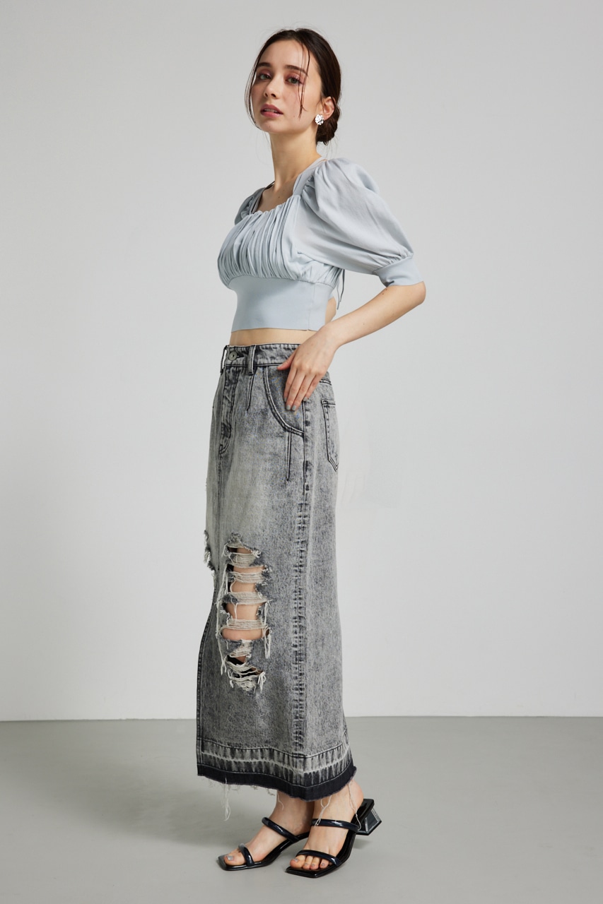 バストギャザークロップハーフSLV Knit TOP L/BLU FREE