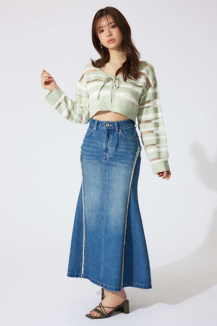 シアーボーダーニットカーディガン GRN FREE