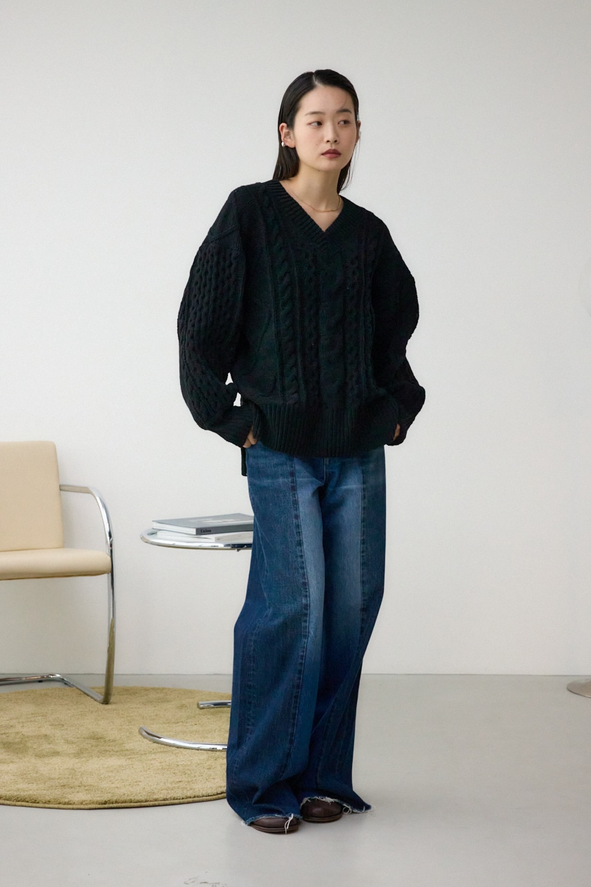 シェニールケーブルVネックロングニットトップス BLK S