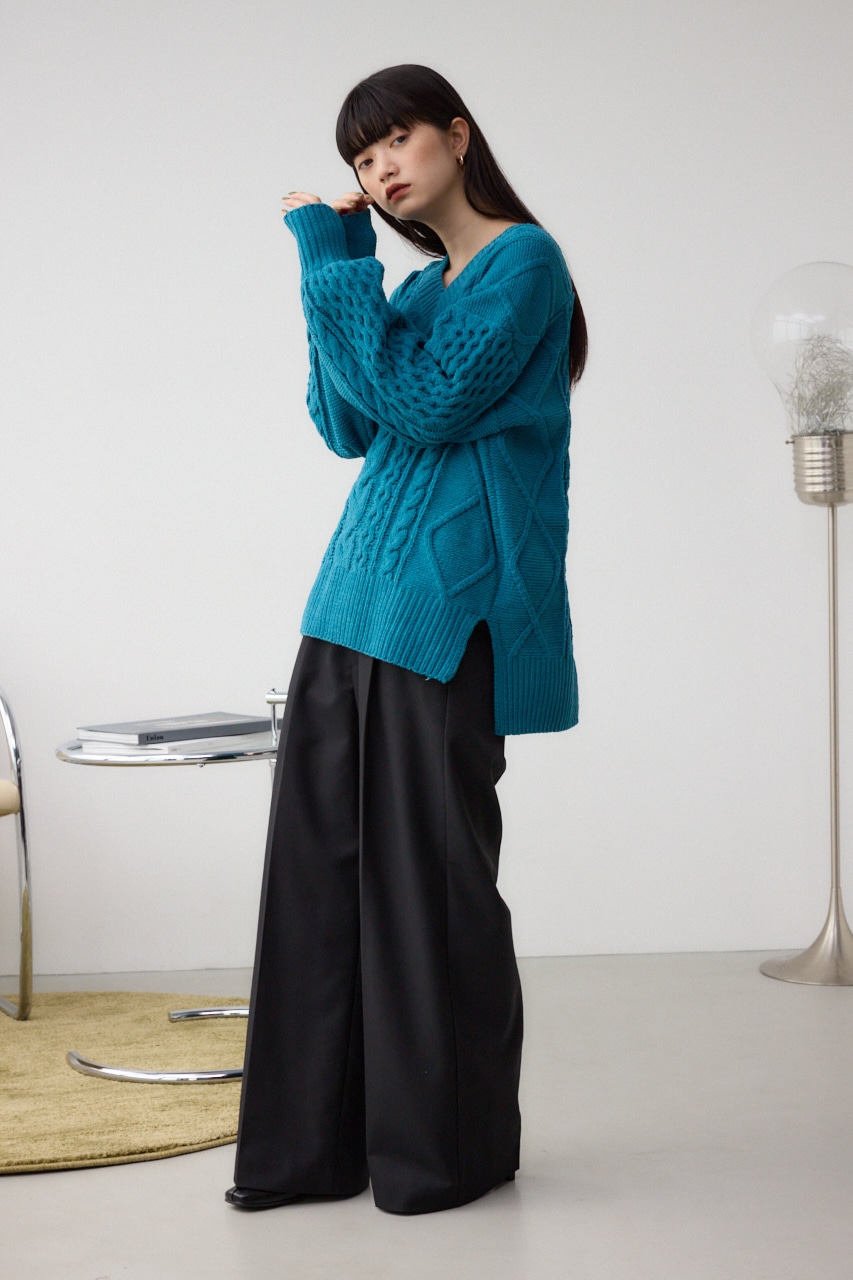 シェニールケーブルVネックロングニットトップス D/GRN S