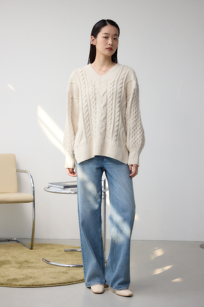 シェニールケーブルVネックロングニットトップス IVOY S