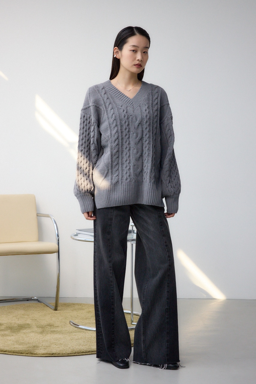 シェニールケーブルVネックロングニットトップス L/GRY M