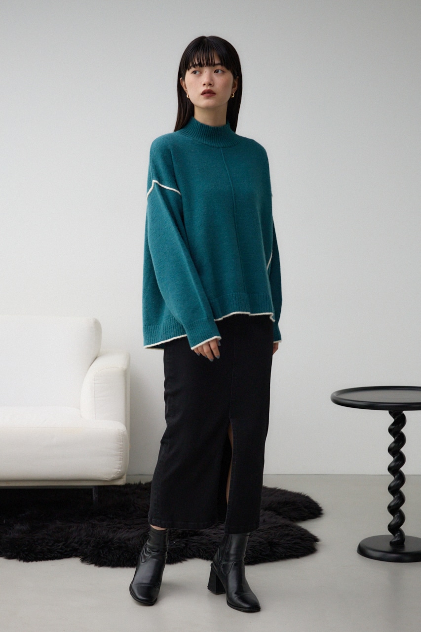 ハイネック配色ニットプルオーバー D/BLU FREE