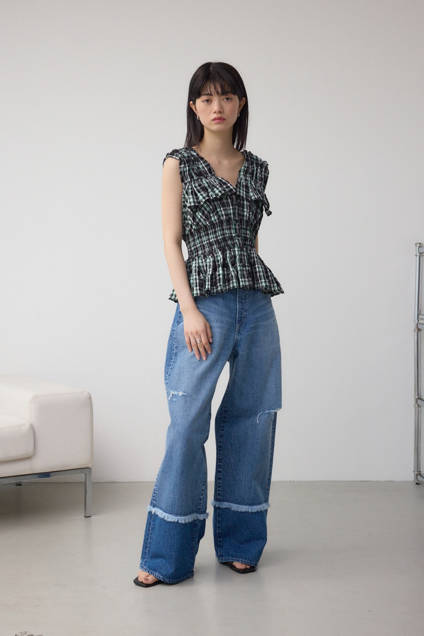 チェックシャーリングペプラムブラウス 柄BLK FREE