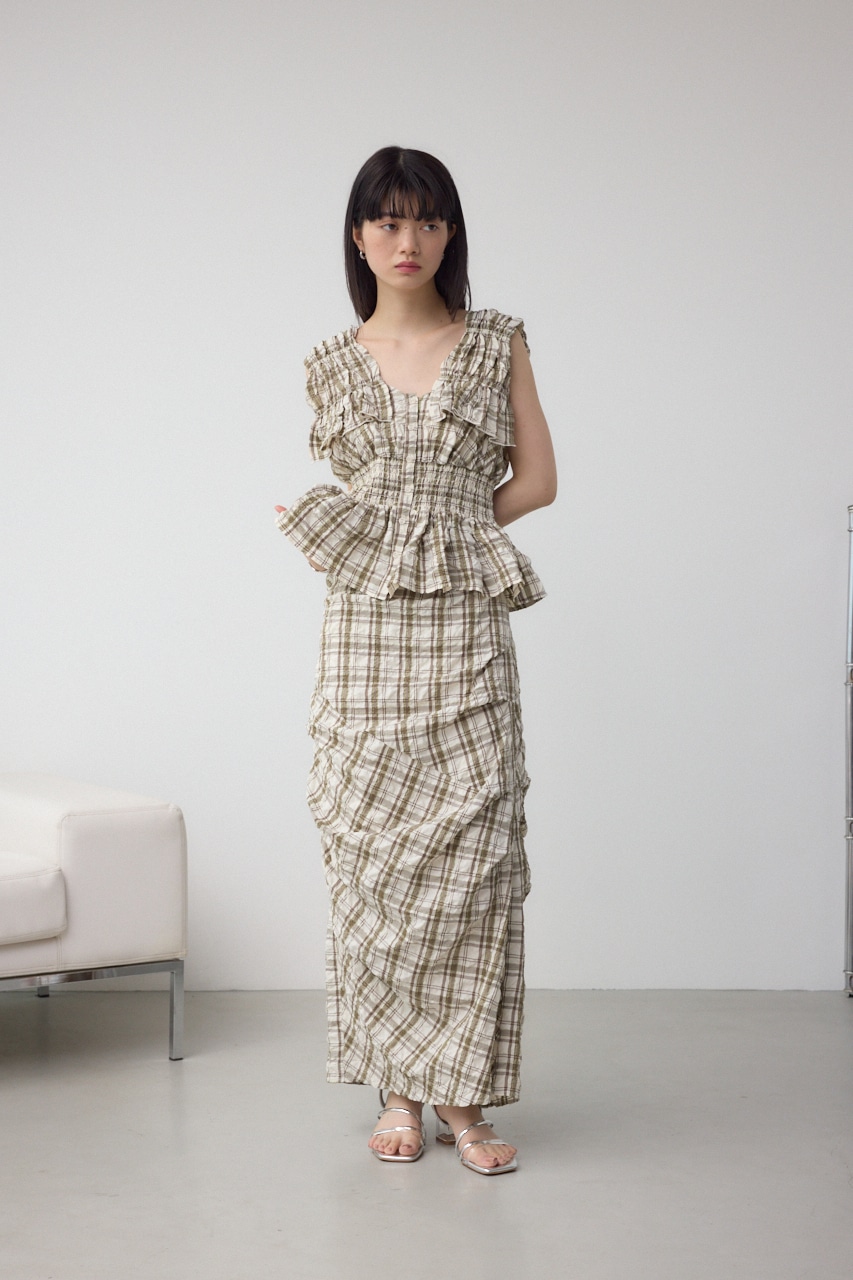 チェックシャーリングペプラムブラウス 柄WHT FREE