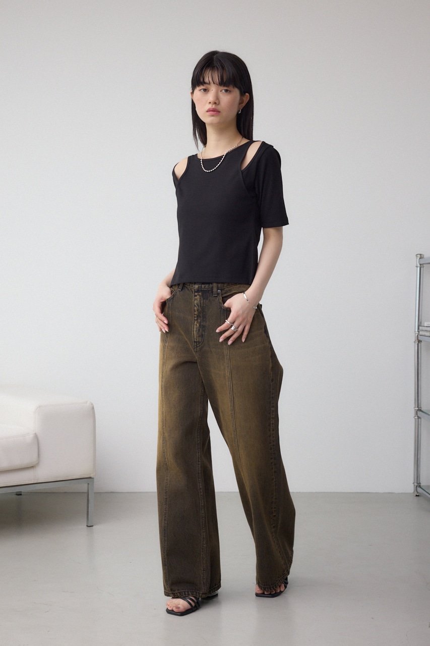 デザインネックショートTシャツ BLK FREE