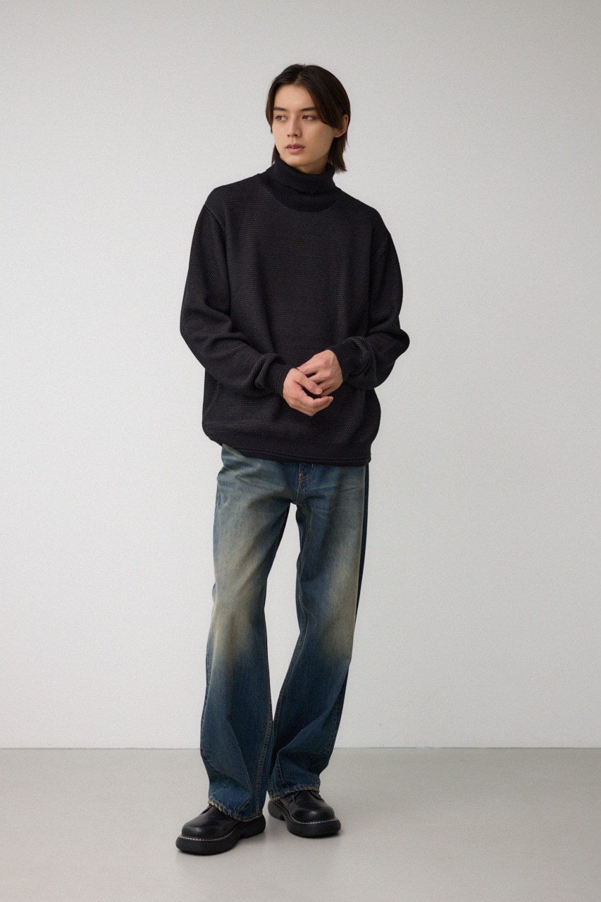 ハニカムタートルネックニット BLK L