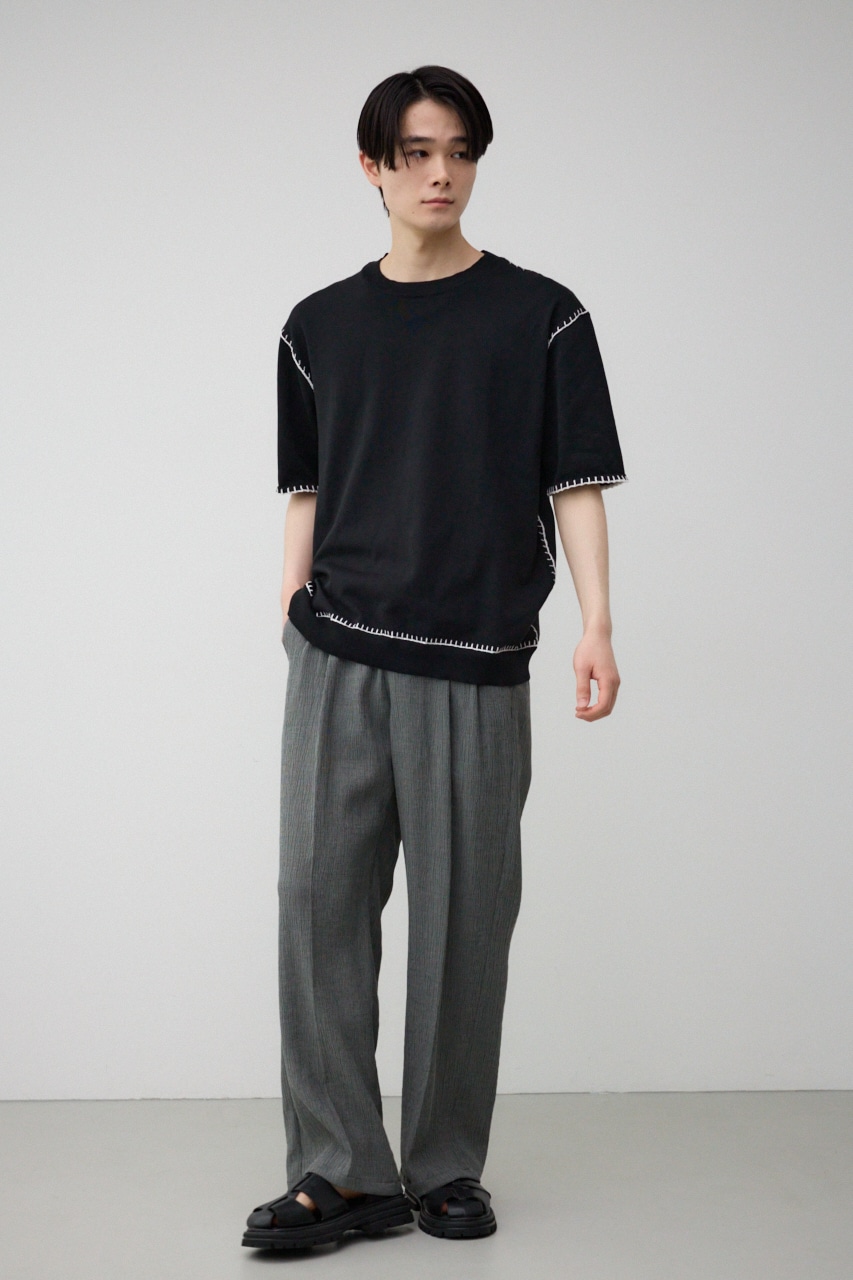 ブランケットステッチ半袖ニット BLK FREE