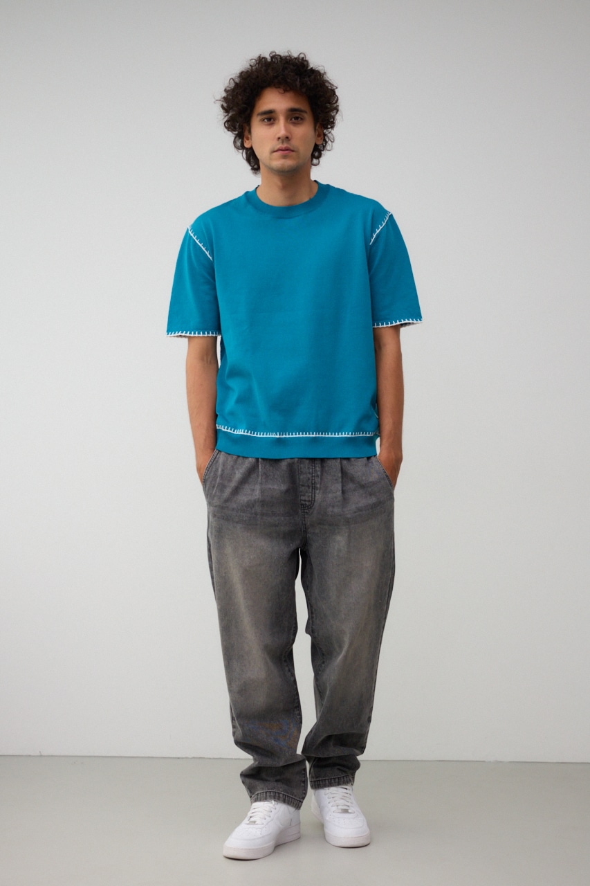 ブランケットステッチ半袖ニット BLU FREE