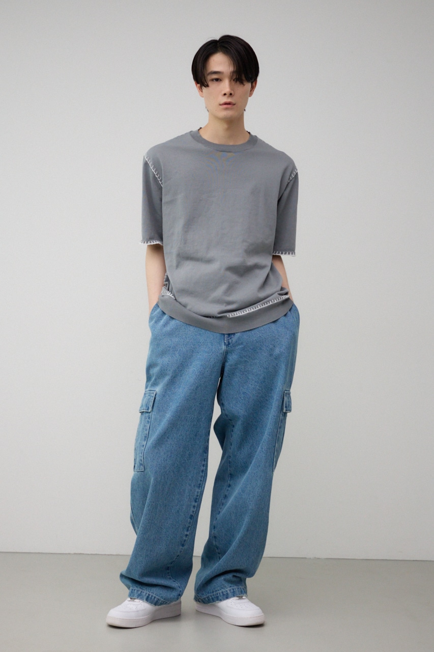 ブランケットステッチ半袖ニット L/GRY FREE