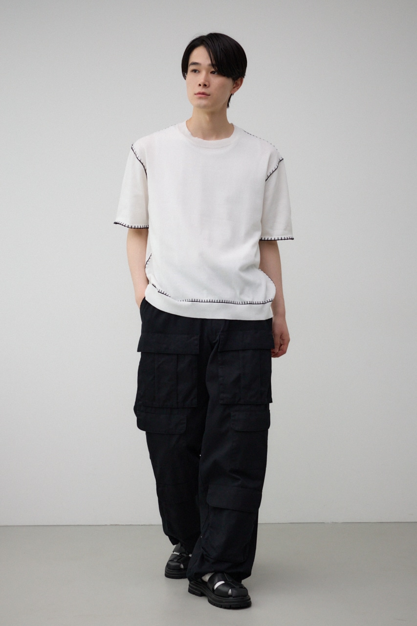 ブランケットステッチ半袖ニット O/WHT FREE