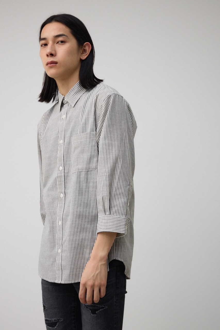 テックリネン7分袖シャツ 柄BLK M