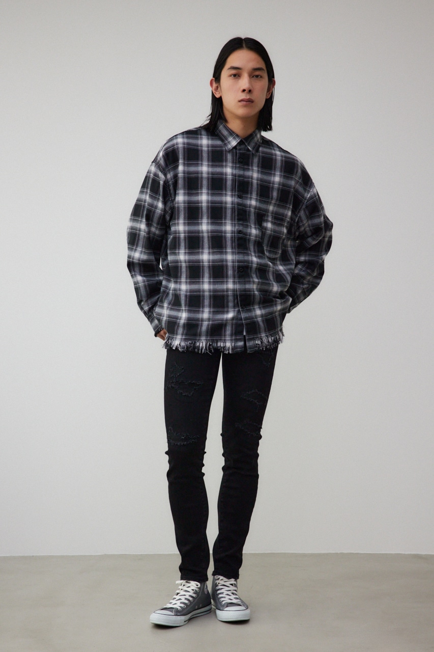 カットオフダメージシャツ 柄BLK FREE