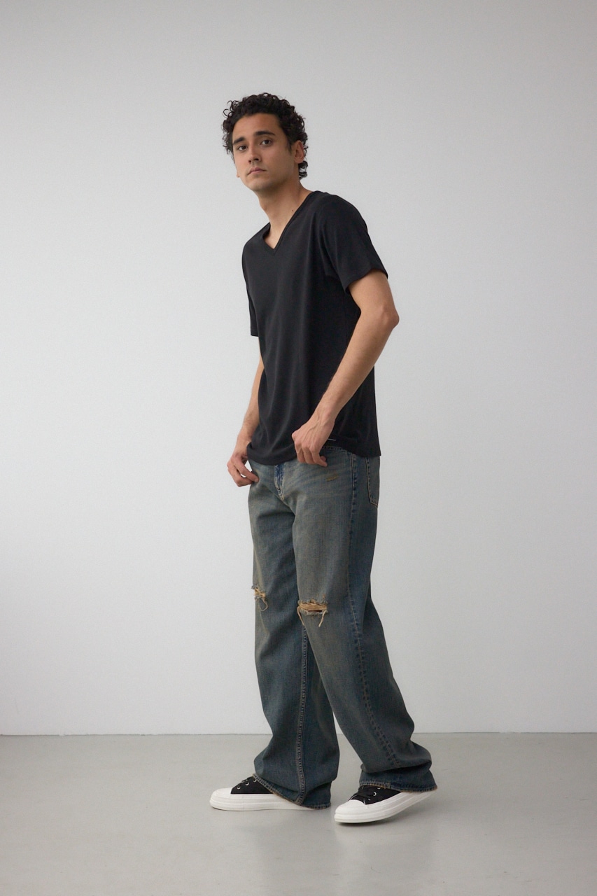 タックフライスVネックTシャツ BLK S