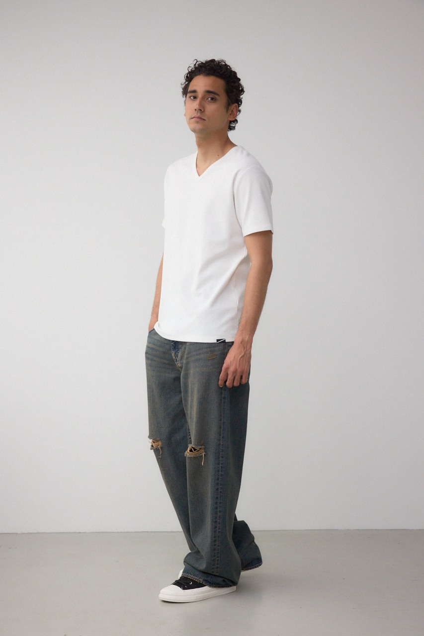 タックフライスVネックTシャツ WHT L