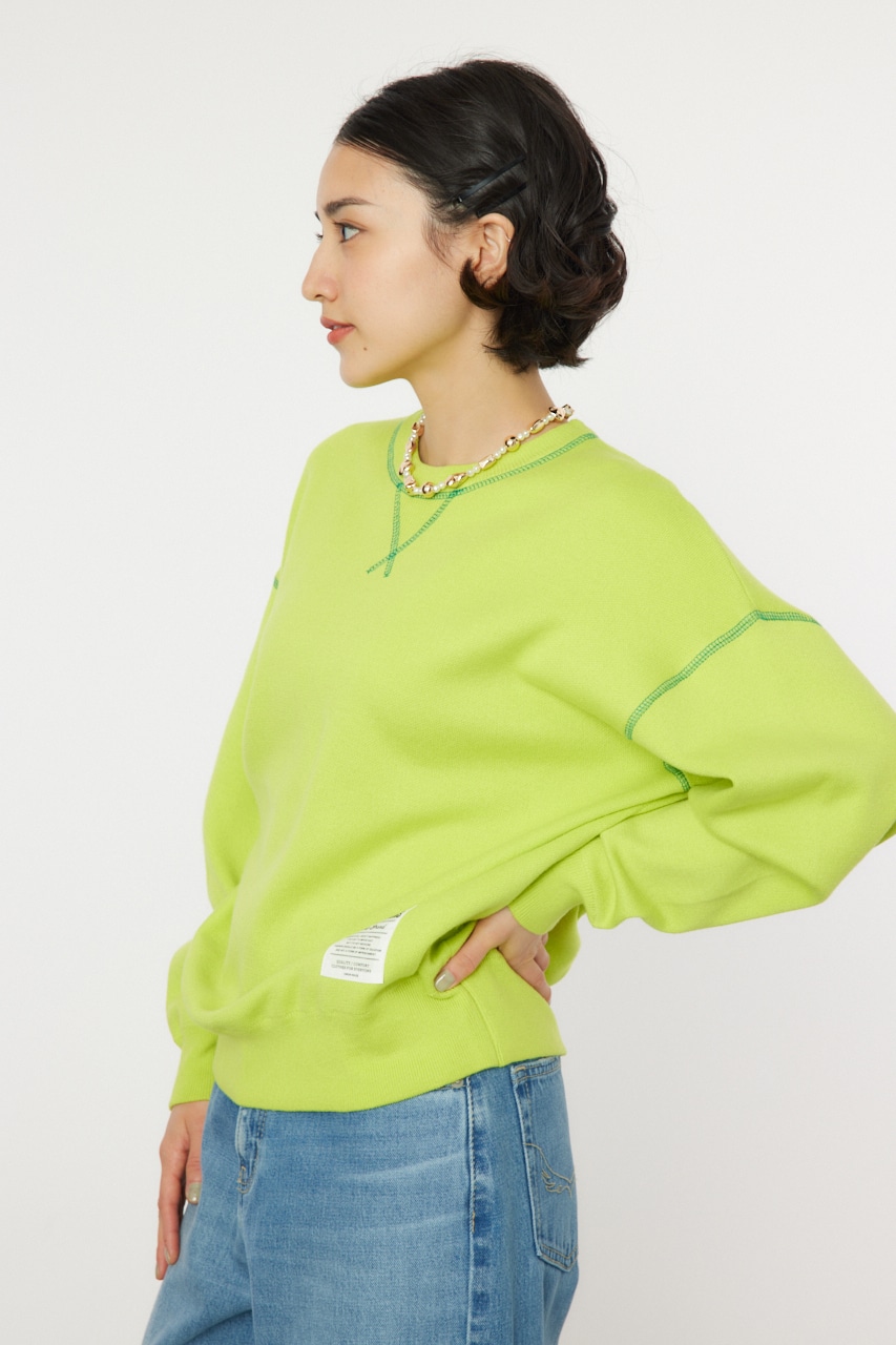 スウェットライクカラーステッチニットトップス LIME FREE