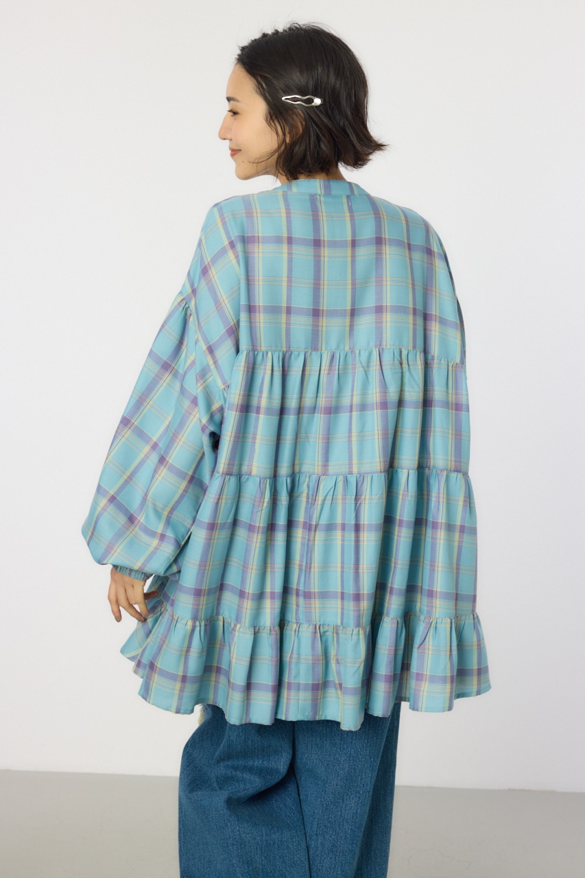 マルチチェックティアードチュニック 柄BLU FREE