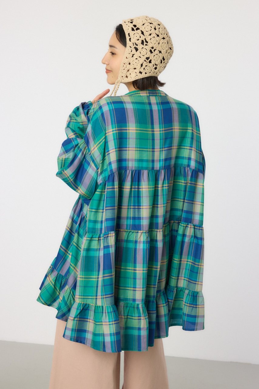 マルチチェックティアードチュニック 柄GRN FREE