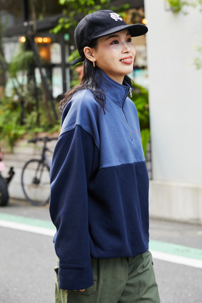 【大人気】ボアトップス　バイカラー　2XL　ハーフジッパー　ロゴ　韓国　藍色　冬