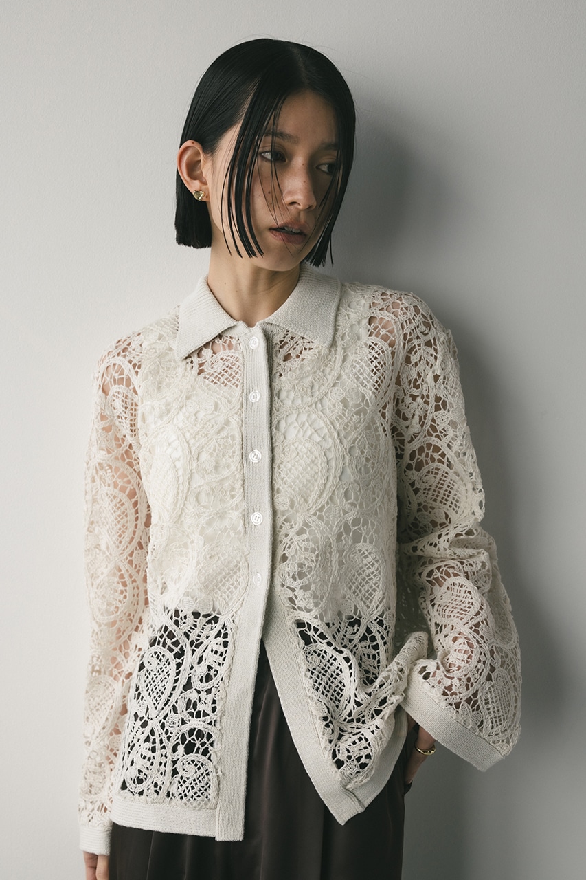 クロシェレースニットシャツ WHT FREE