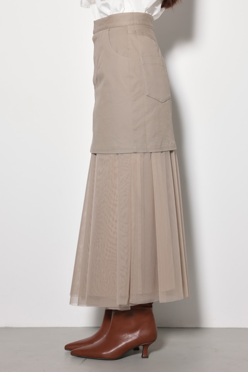 ベージュリバーシブルスカート チュール＆プリーツリバーシブルロングAラインスカート＜大きい