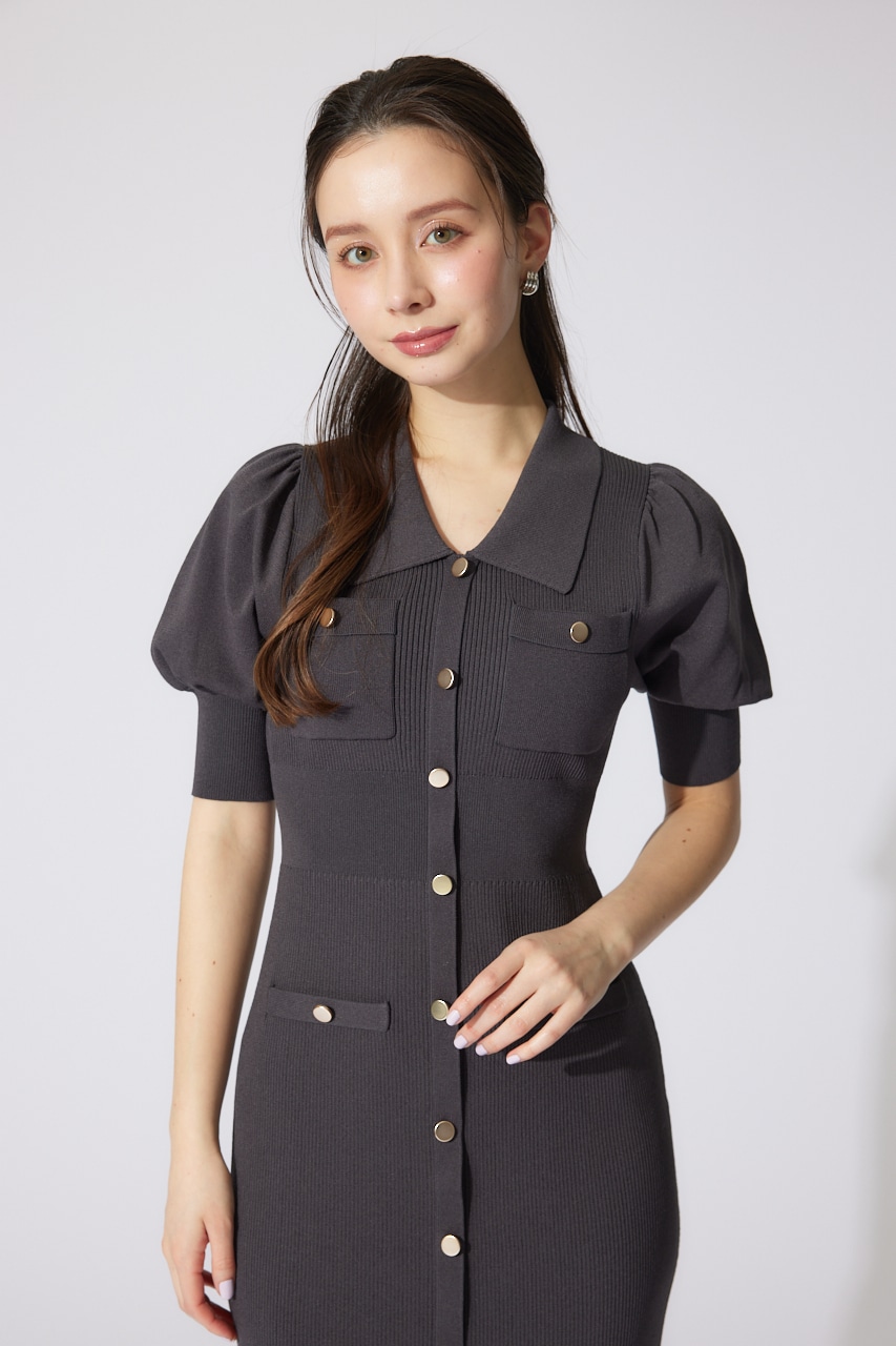 パフスリーブニットタイトワンピース L/BLK FREE