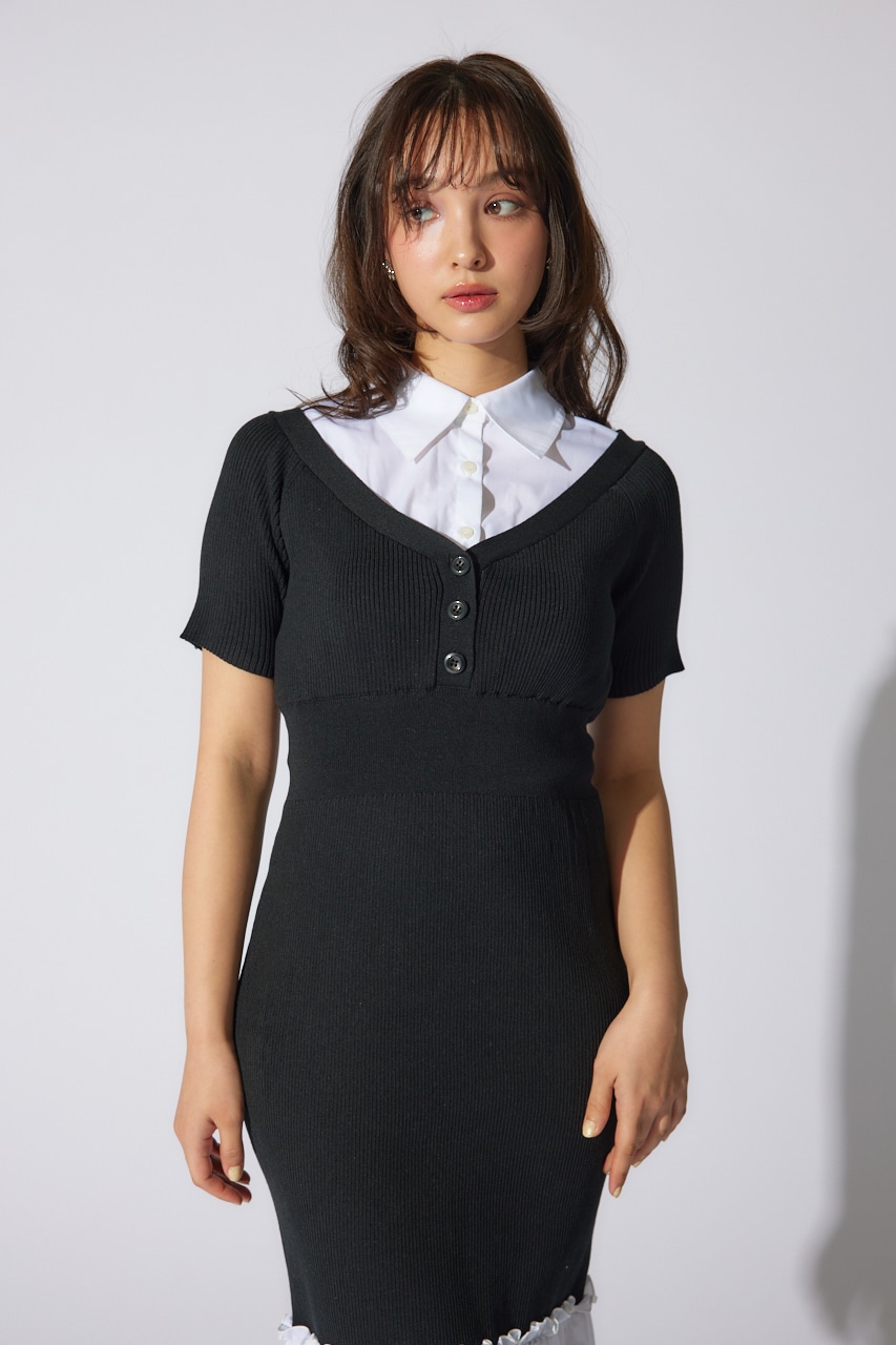 シャツレイヤードコンビマーメイドニットワンピース BLK FREE