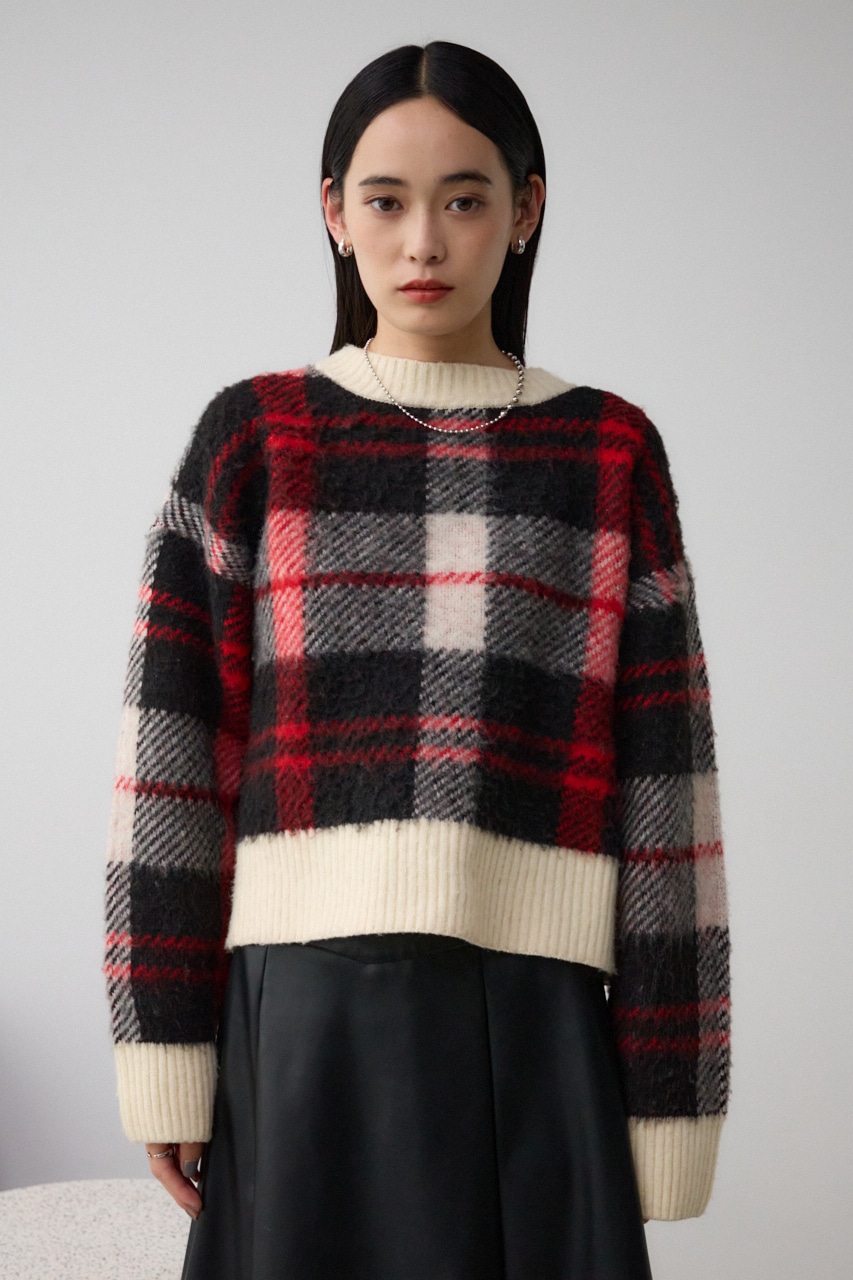 ビッグチェックニット 柄RED FREE
