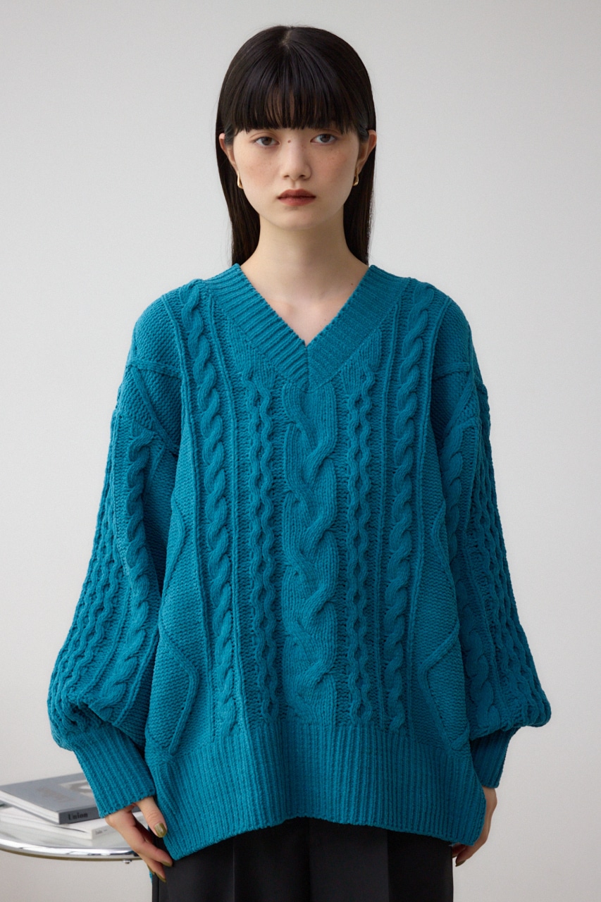 シェニールケーブルVネックロングニットトップス D/GRN S