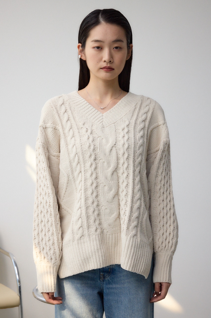 シェニールケーブルVネックロングニットトップス IVOY S
