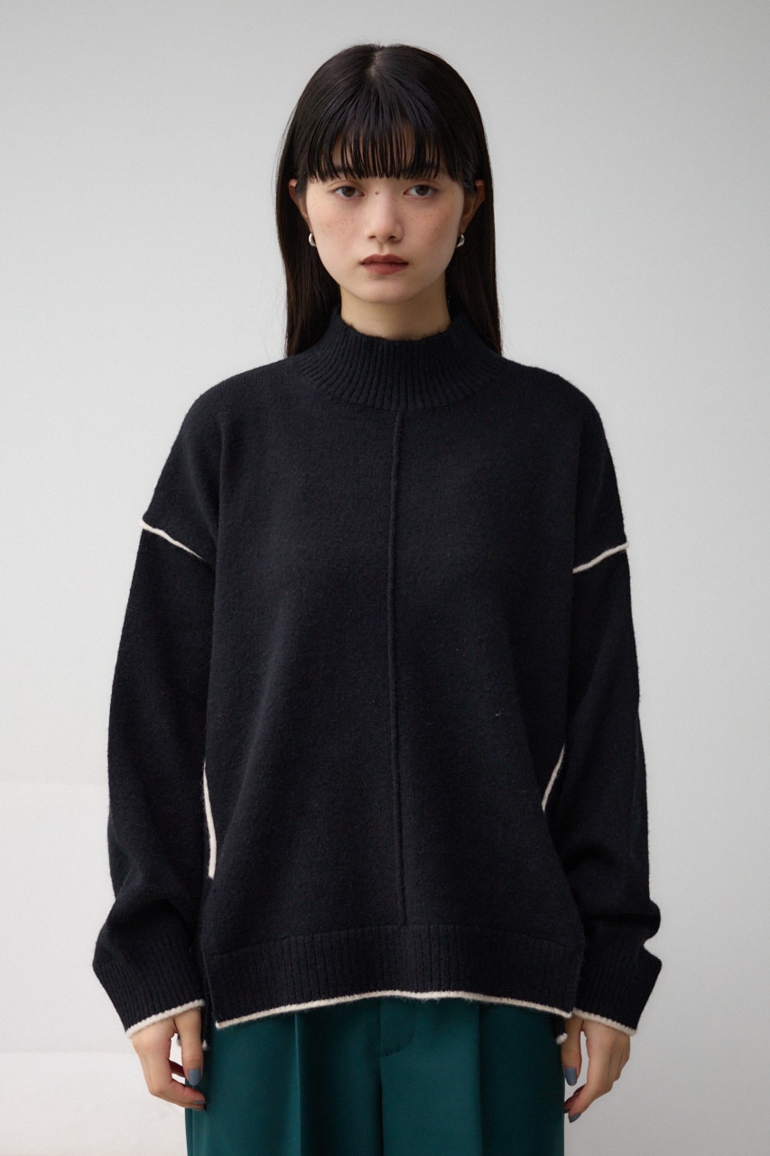 ハイネック配色ニットプルオーバー BLK FREE